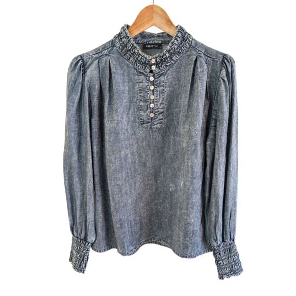 New APNY Ruched Neck Chambray Blouse Long Sleeve Small - Picture 1 of 10
